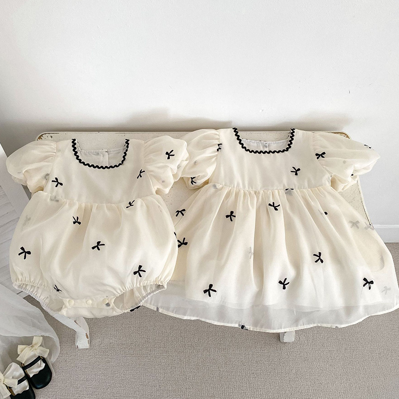 Summer Clothing Baby Girl - เด็กน้องสาวเสื้อผ้าฤดูร้อนเด็กผู้หญิงชุดเด็กทารกน่ารัก Bow Gauze ชุดน้องสาวพัฟแขนเด็กวัยหัดเดินชุดเจ้าหญิงหวาน