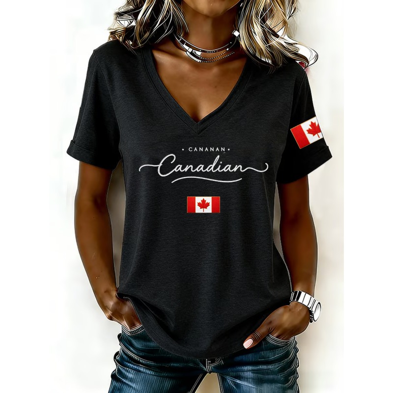 Summer Clothing Women Canada - เสื้อยืดผู้หญิงพิมพ์ลายธงชาติแคนาดาแฟชั่นคอวีแขนสั้นฤดูร้อนสบายเสื้อผ้าผู้หญิงเสื้อลำลองหลวมๆ