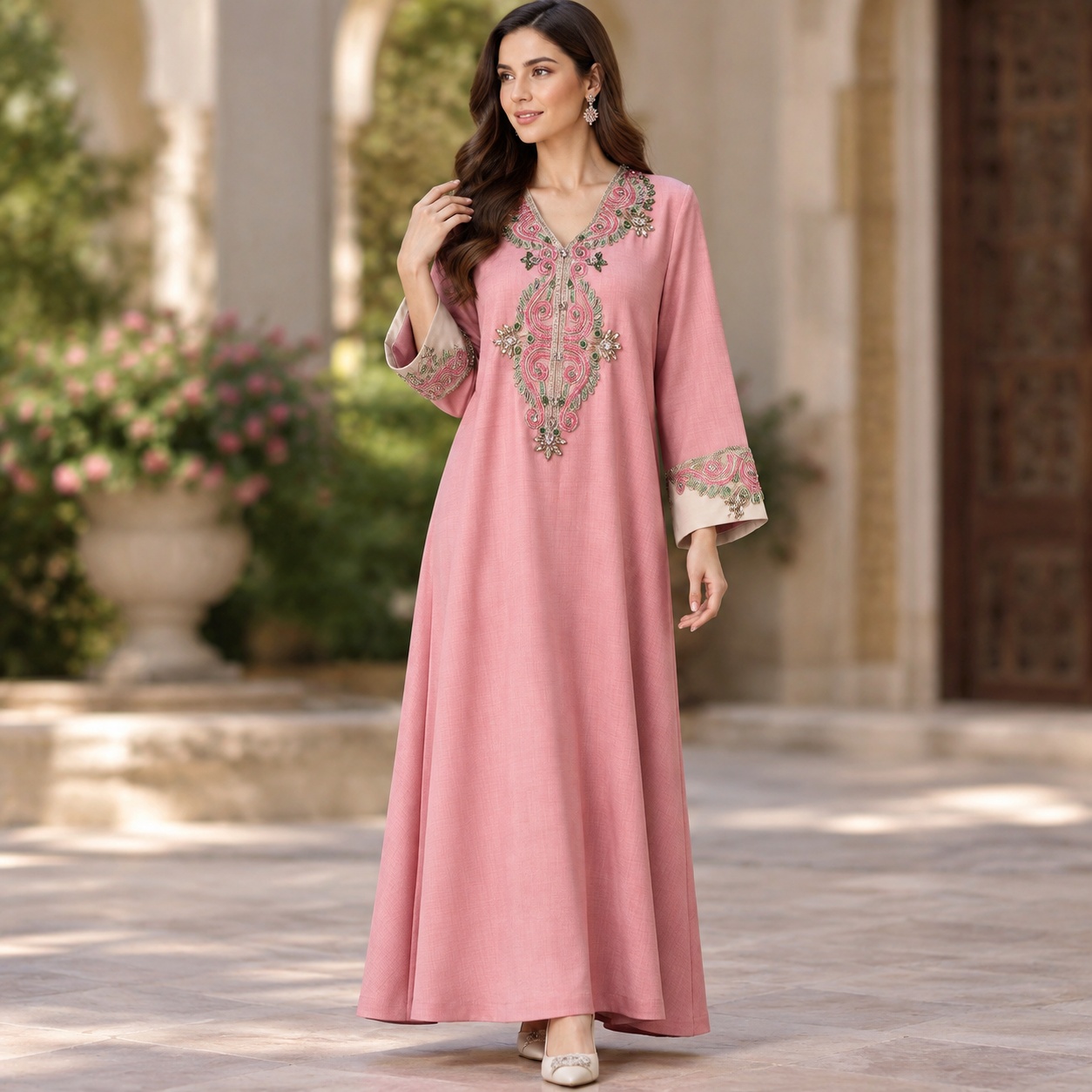 Summer Clothing Pakistan - ชุดเดรสยาวทรงหลวมสบาย ดีไซน์เรียบหรู ประดับลูกปัด แขนยาว แขนปกติ สำหรับงานปาร์ตี้