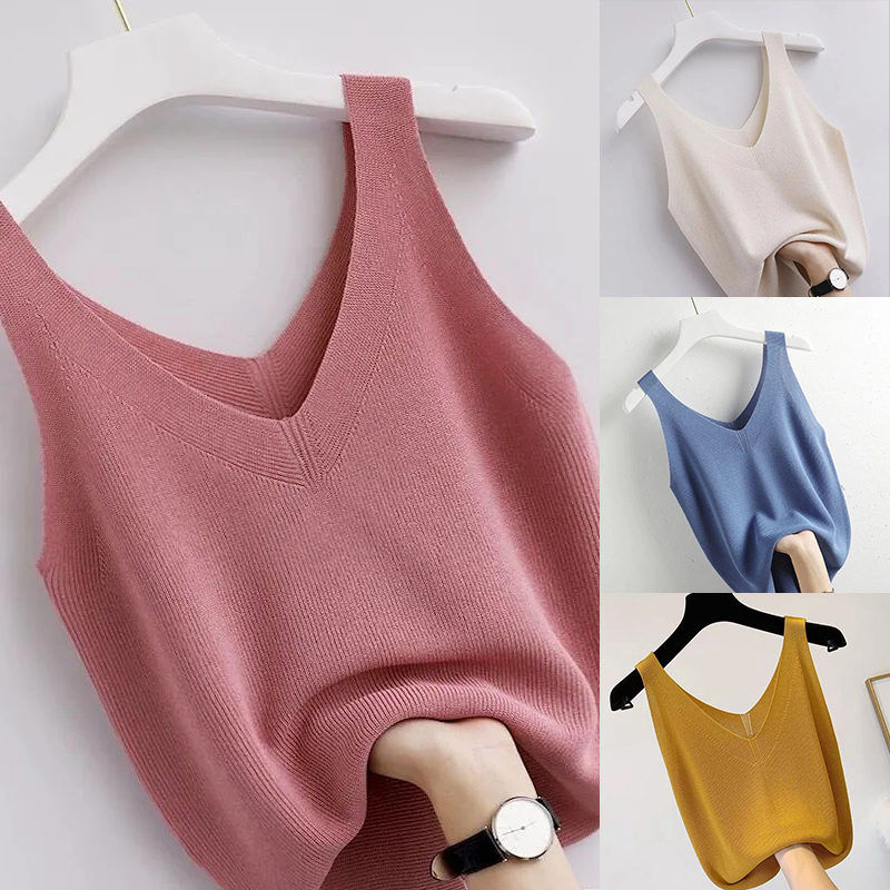 Summer Zara - ถักเสื้อกล้ามวินเทจ V คอแขนกุดความงามหลวมเสื้อผ้าฤดูร้อนสําหรับผู้หญิง Solid Basic Elegant